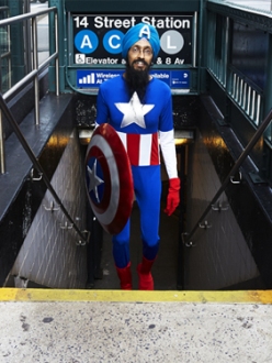 Vishavjit Singh dressed as comic book hero Captain America. (Photo. Fiona Aboud. Source: Salon)