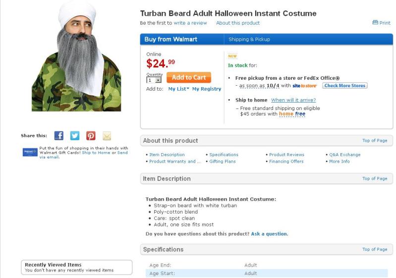 Screen shot of Walmart's website taken on September 27, 2013, in which they are selling a Halloween costume that includes a turban and beard on a man wearing military-style clothing. (Source: Walmart)